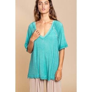 POL Top Small Aqua Waffle Knit Stud Trim Open Strappy Back V Neck